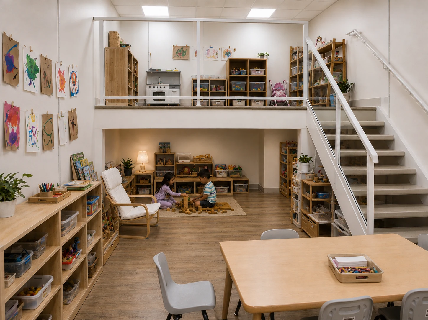 Bear Cubs children building with blocks in the Clever Cubs classroom.
