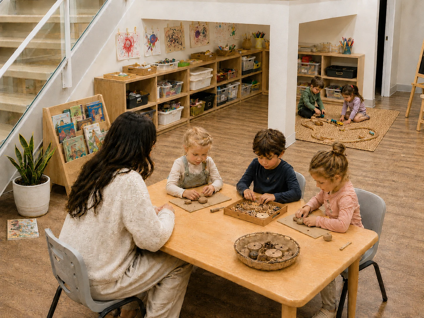 Lion Cubs children working with an educator during a hands-on classroom investigation.