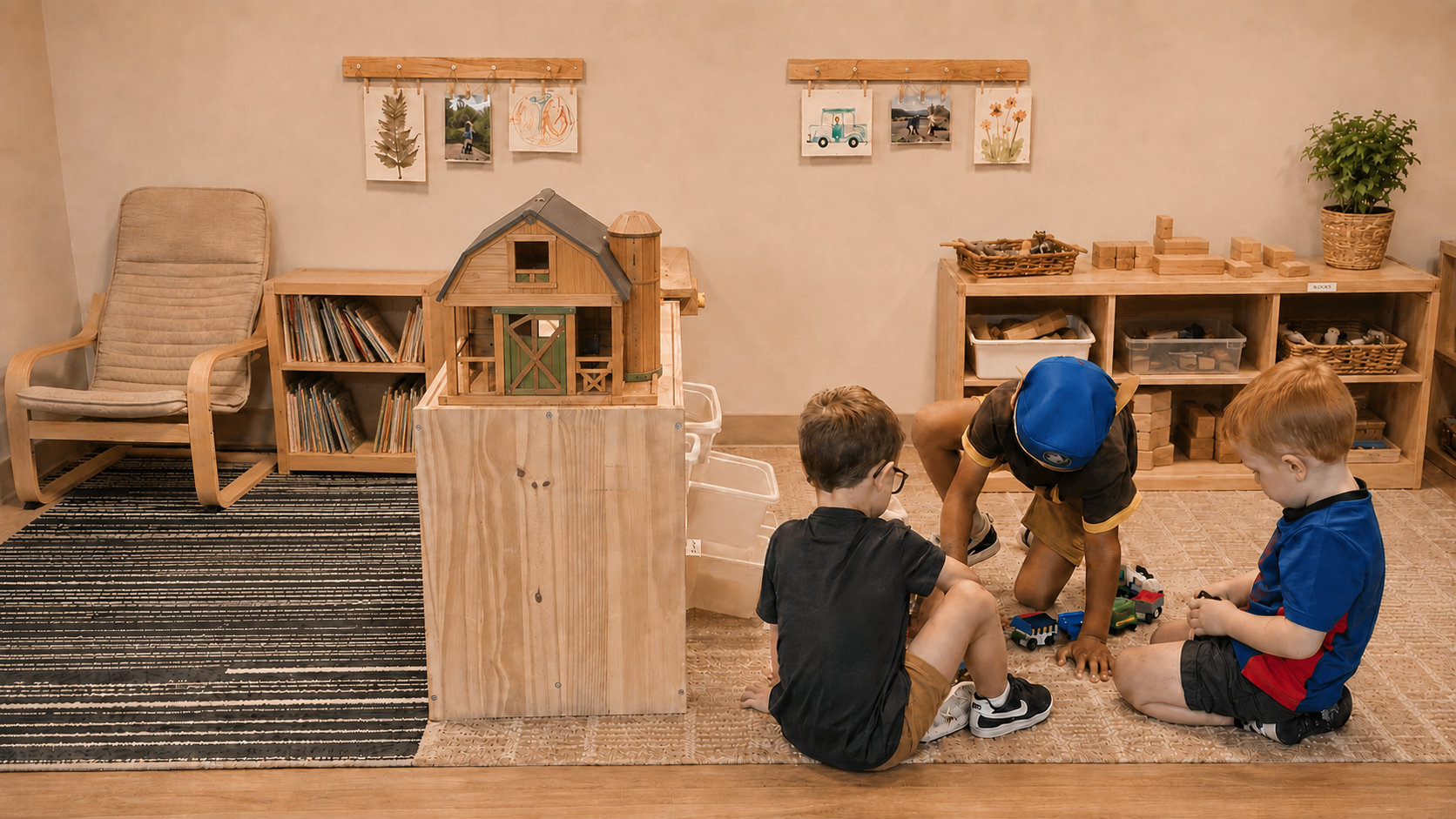 Children engaged in collaborative small-world play in the Clever Cubs classroom.